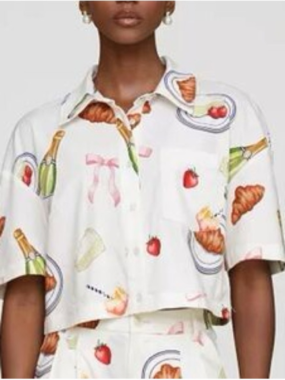 Avec Les Filles White Cropped Button-Up Shirt with Breakfast Print